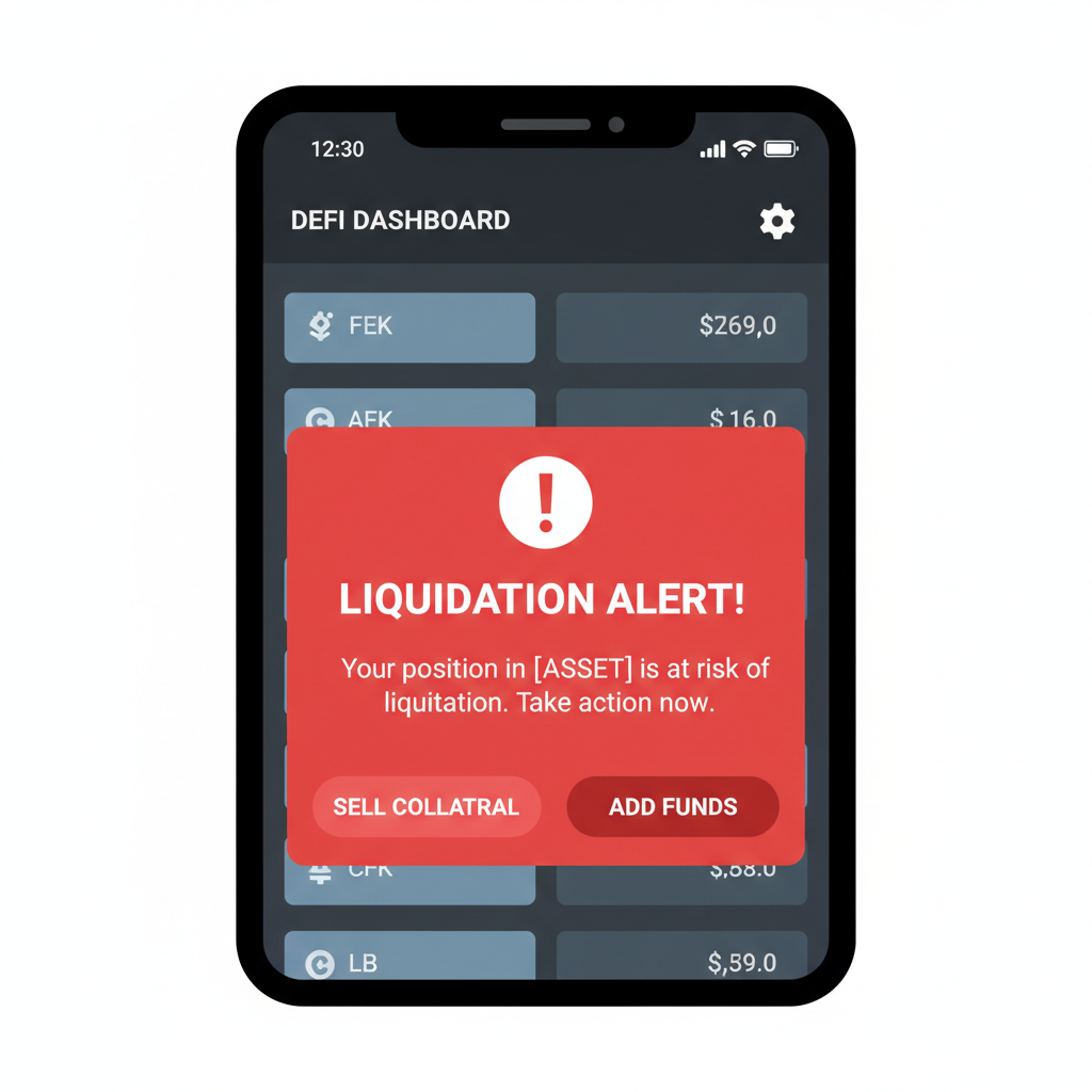 Mobile alert notification for DeFi liquidation, red warning popup, phone screen in dark mode