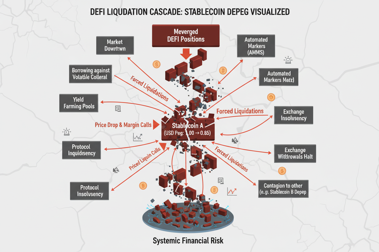Conceptual illustration of DeFi liquidation cascade from stablecoin depeg, showing interconnected protocols, chain reaction failures, and liquidity flow drains in decentralized finance