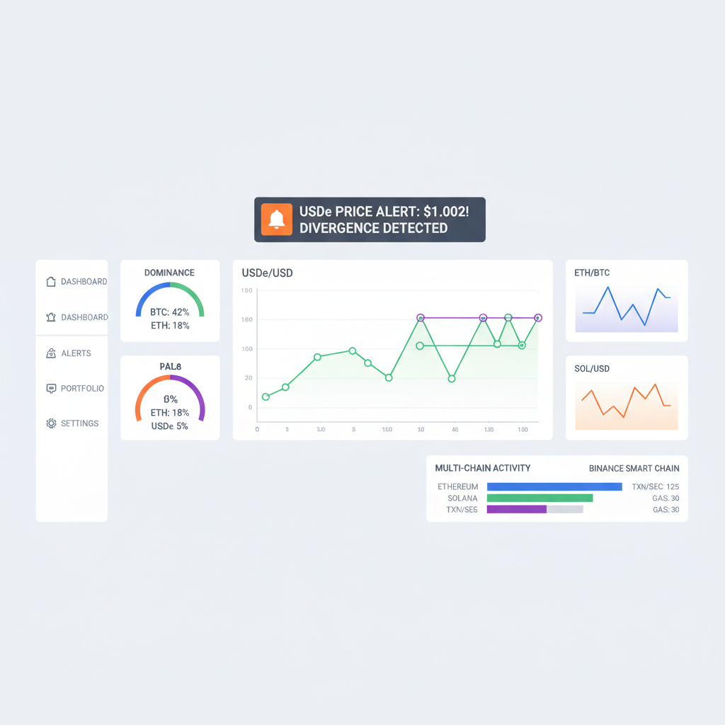 real-time crypto analytics dashboard with USDe price alerts and multi-chain charts --ar 16:9