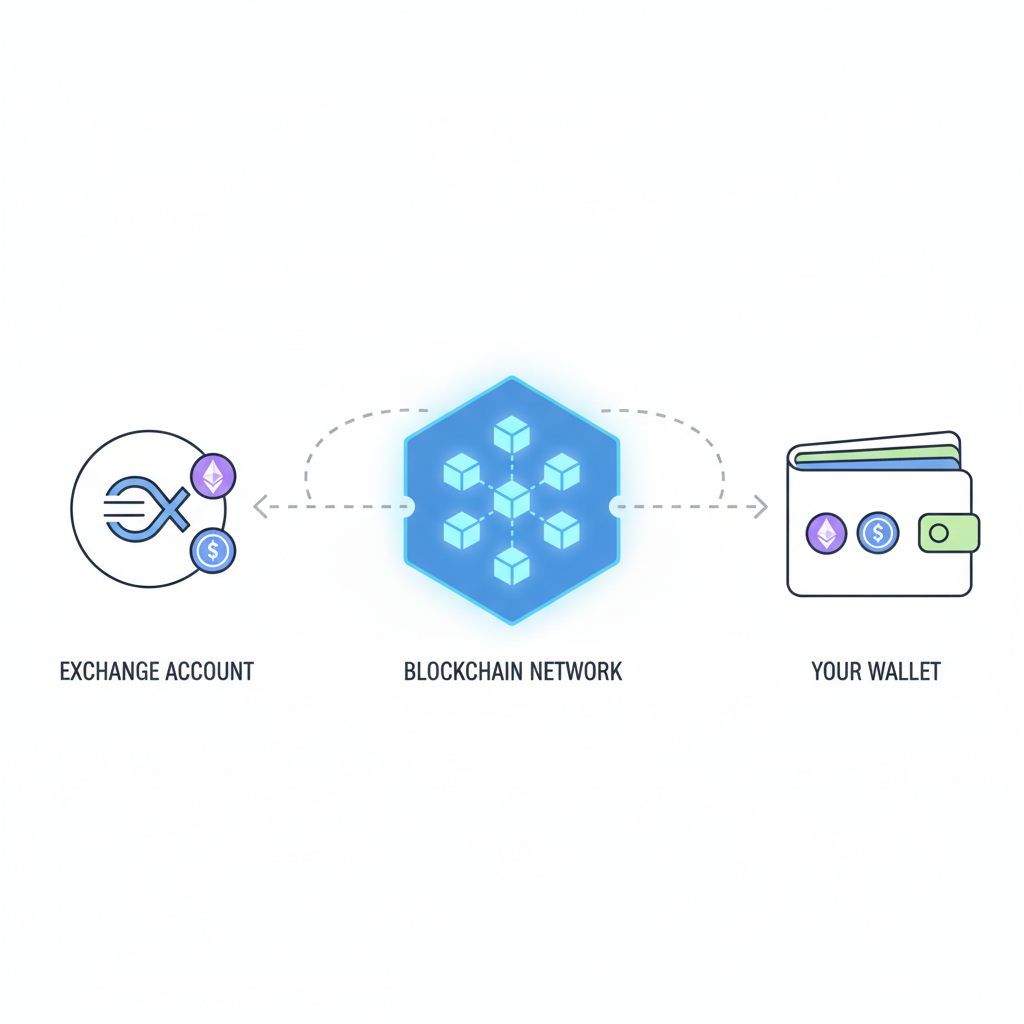 wallet funding with ETH and USDC icons transferring from exchange, blockchain network visualization