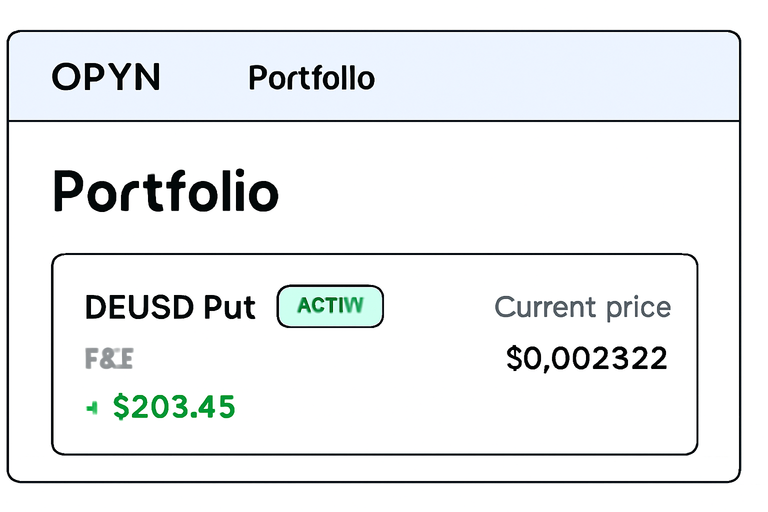 Screenshot of Opyn portfolio dashboard showing active DEUSD put position with P&L and current price $0.002522