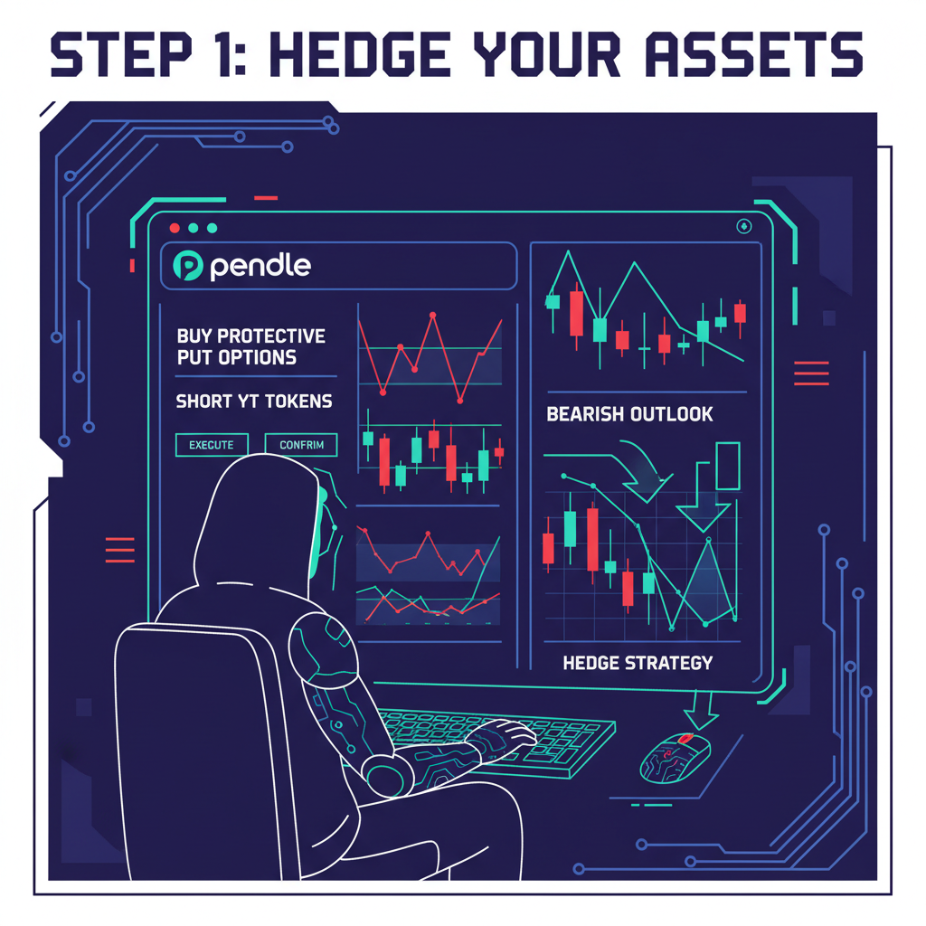 Trader buying protective put options or shorting YT tokens on Pendle interface, charts with arrows, cyberpunk style