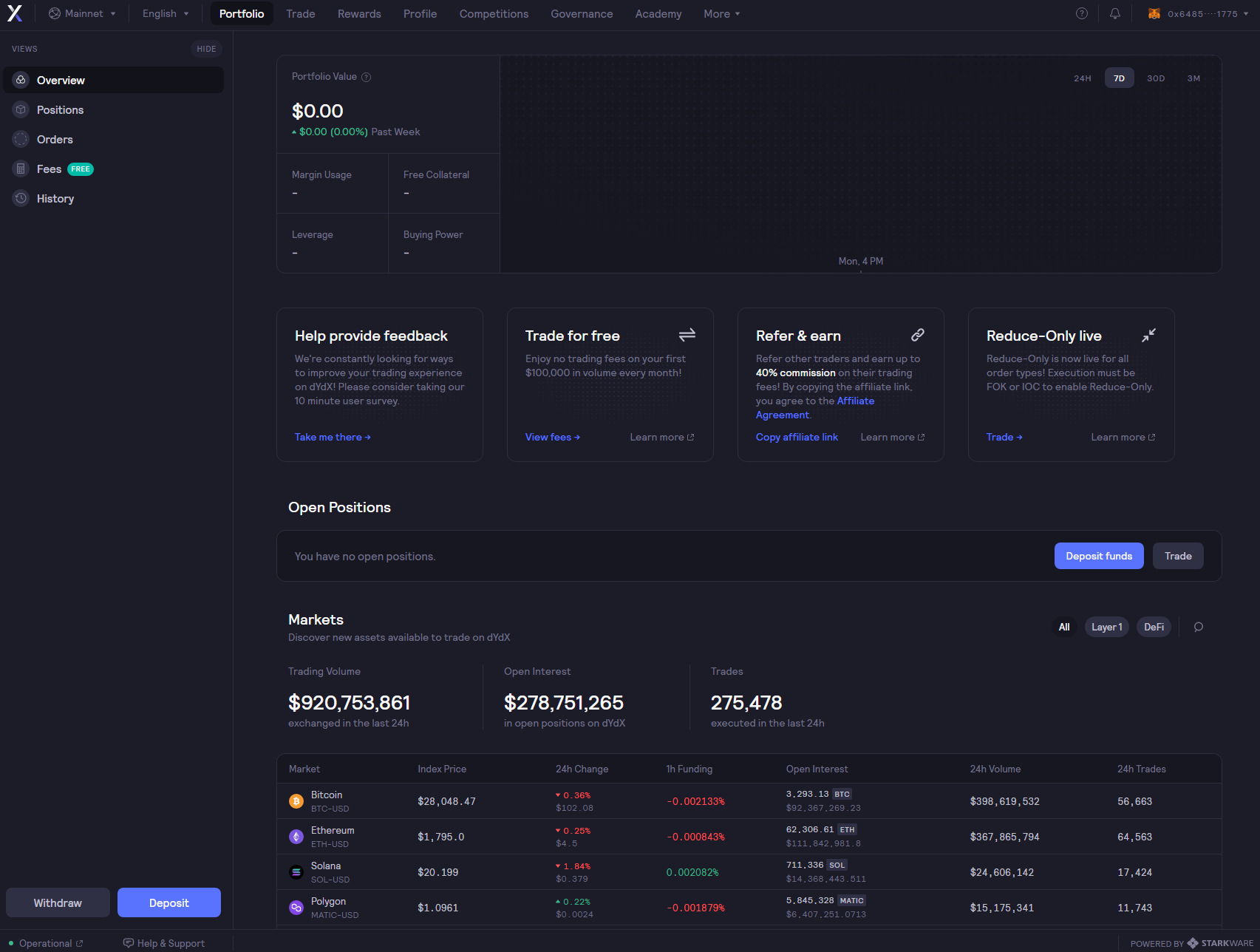 dYdX perpetual trading interface