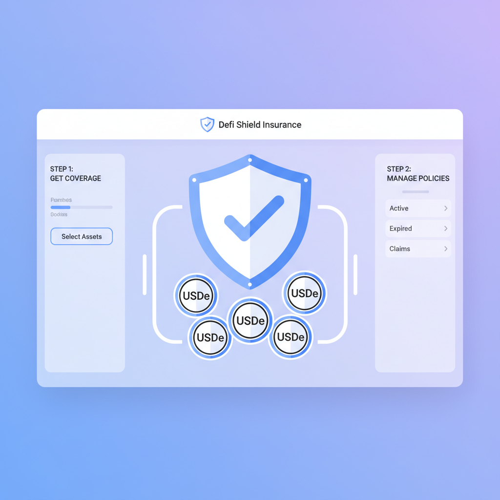 DeFi insurance dashboard with shield icon protecting USDe stablecoin icons --ar 16:9
