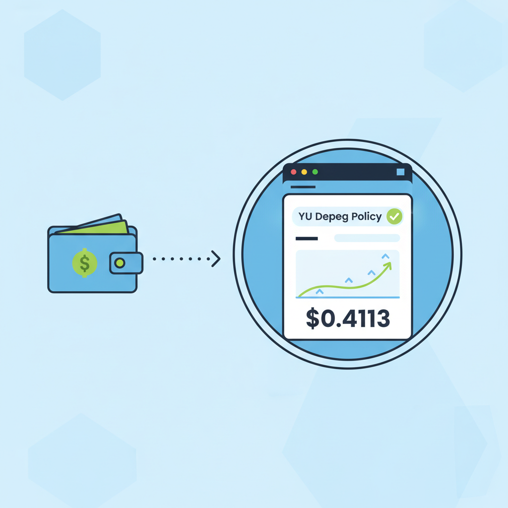wallet connecting to DeFi app, selecting YU depeg policy, price chart showing $0.4113