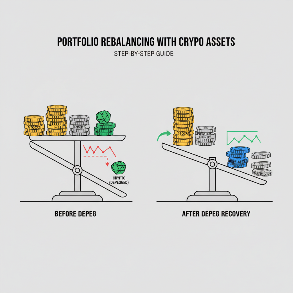 portfolio rebalancing scales with crypto assets before and after depeg recovery --ar 16:9